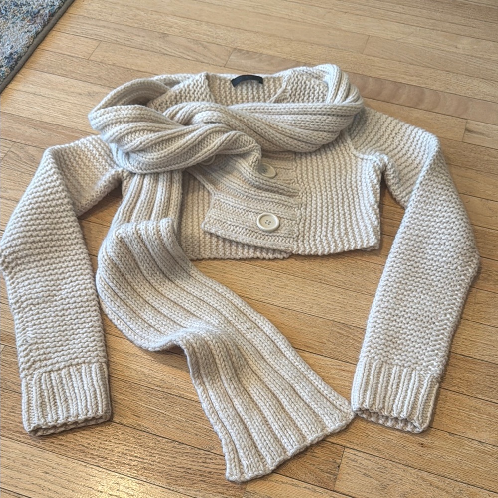 The Row Cream Cropped Knit Cardigan with Attached Scarf